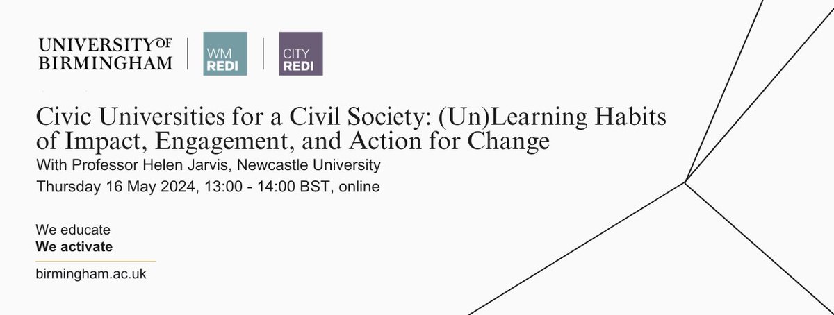 Join @communityvita from @NCL_Geography for an online seminar about community organising as a place-based theory and method of civic university engagement, on 16 May, 13:00 - 14:00.

Find out more and register- shorturl.at/efAKR

#TrulyCivic #CivicEngagement
