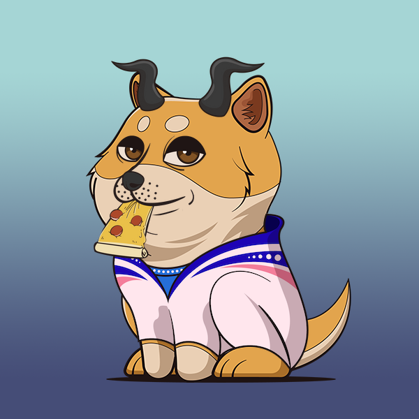 A baby doge NFT with plain fur and punk bored eyes wears skater clothing and beast horns headwear on a blue-purple background. Its unique feature is a pizza mouth. It loves to skate and eat pizza, but often gets bored.