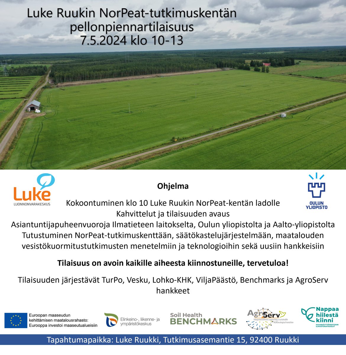 Viikon päästä 7.5 klo 10 meillä on pellonpiennarpäivä @LukeFinland #Ruukki #NorPeat tutkimuskentällä. Tervetuloa juttelemaan tutkijoiden ja tuttujen kanssa sekä kuuntelemaan mm. miten ollaan selvitty hurjista pakkasista ja tulvista. @UniOulu @IlmaTiede @AaltoUniversity #pohjoinen