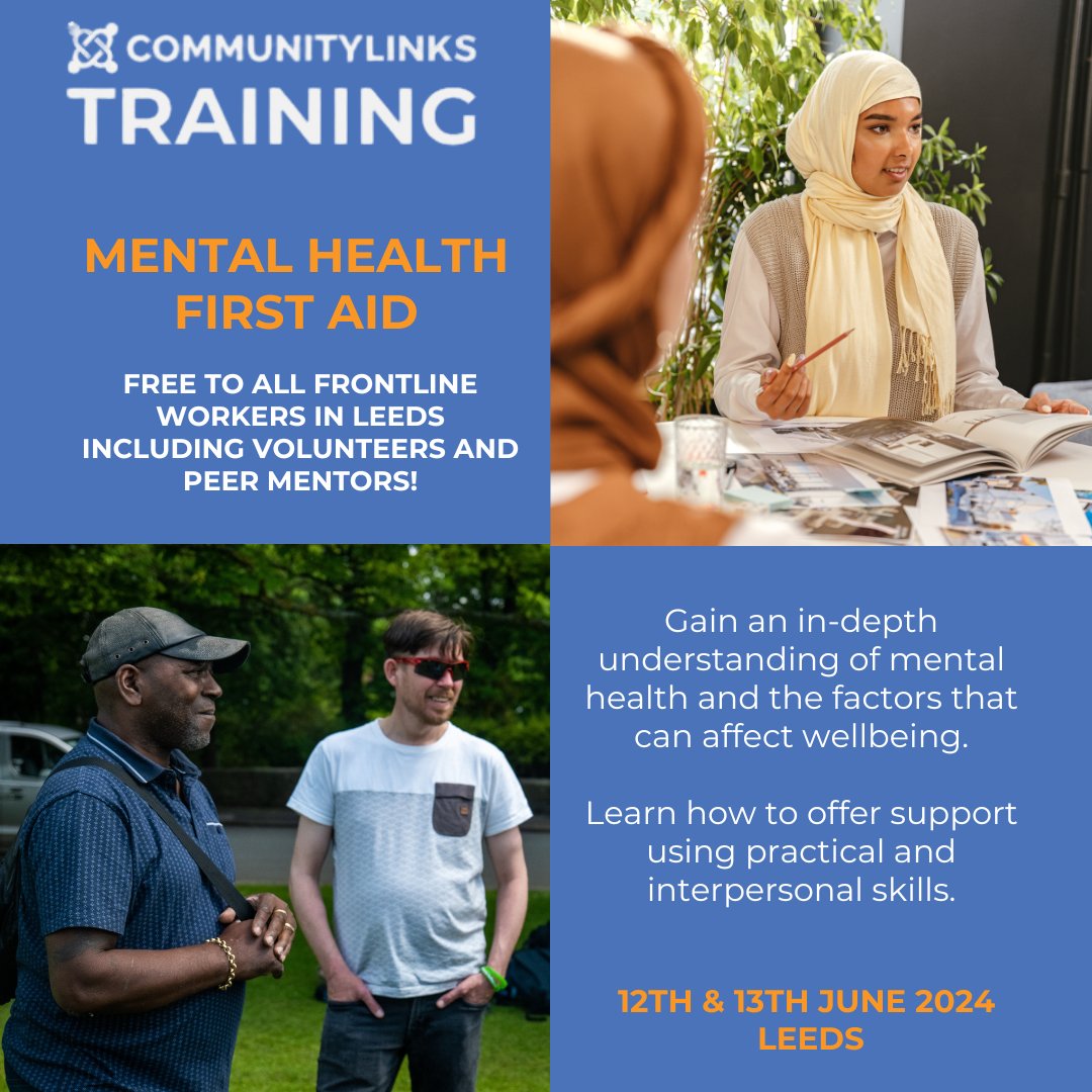Upcoming Training Courses! 📣

Mental Health First Aid! 
12th &amp; 13th June 2024 

FREE to all frontline workers in Leeds including volunteers and peer mentors! 🧡

To book and for further info: commlinks.co.uk/training/cours…   

#MentalHeathFirstAid #MHFA #Leeds #Training