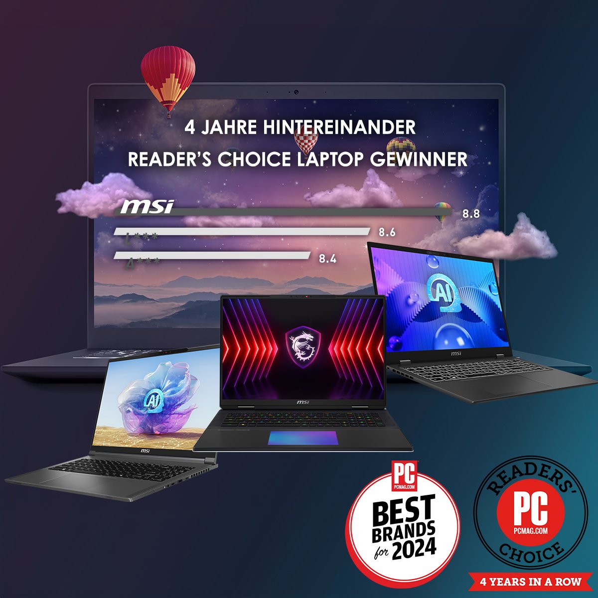 🎉 Wir haben es WIEDER geschafft! MSI-Laptops wurden in den PCMag Readers' Choice Awards 2024 unter Anderem für unsere hohe Nutzerzufriedenheit ausgezeichnet. Cheers🥳