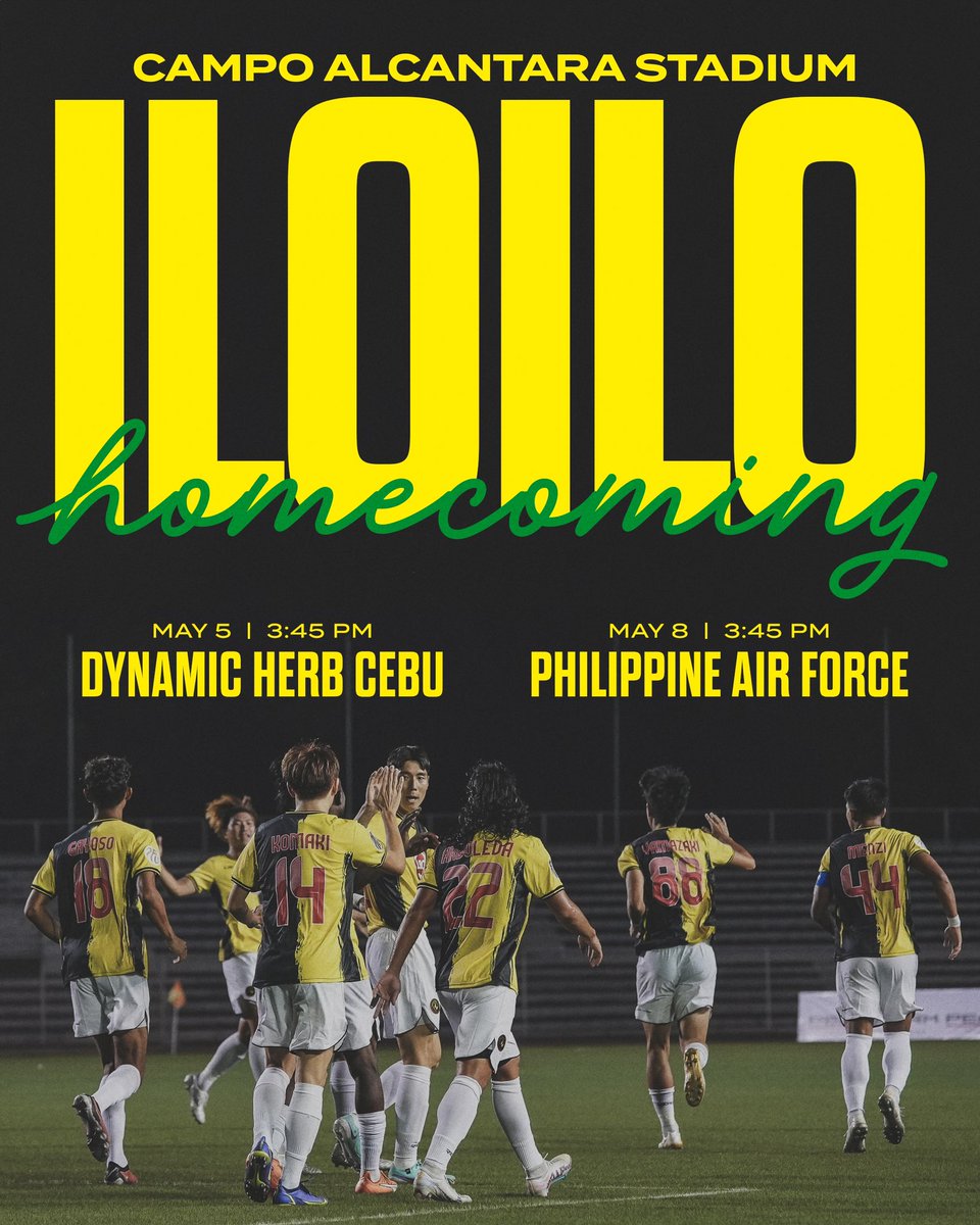 Iloilo football fans, the wait is over! 💛🖤

Your defending champions Kaya FC-Iloilo are coming home to showcase the best of Philippine football at the Campo Alcantara Stadium inside Hacienda Verde in Pavia, Iloilo! 🏟️🧵