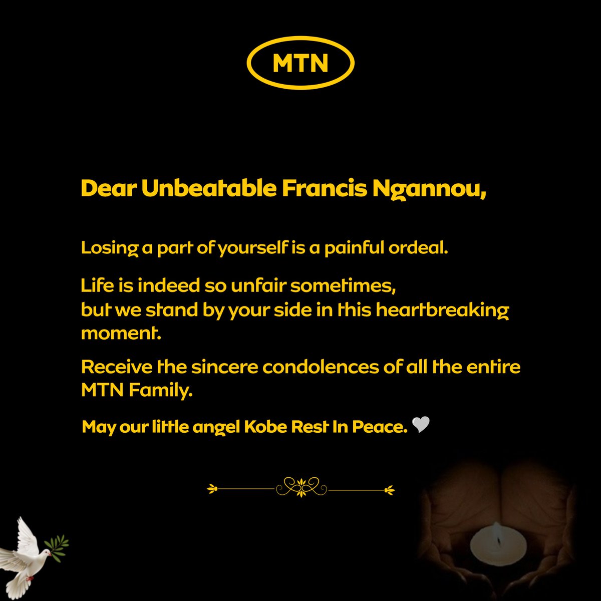 Sending our deepest condolences to Francis N'Gannou and his family during this heartbreaking moment. 🖤 You are part of our family, and you are not alone.
