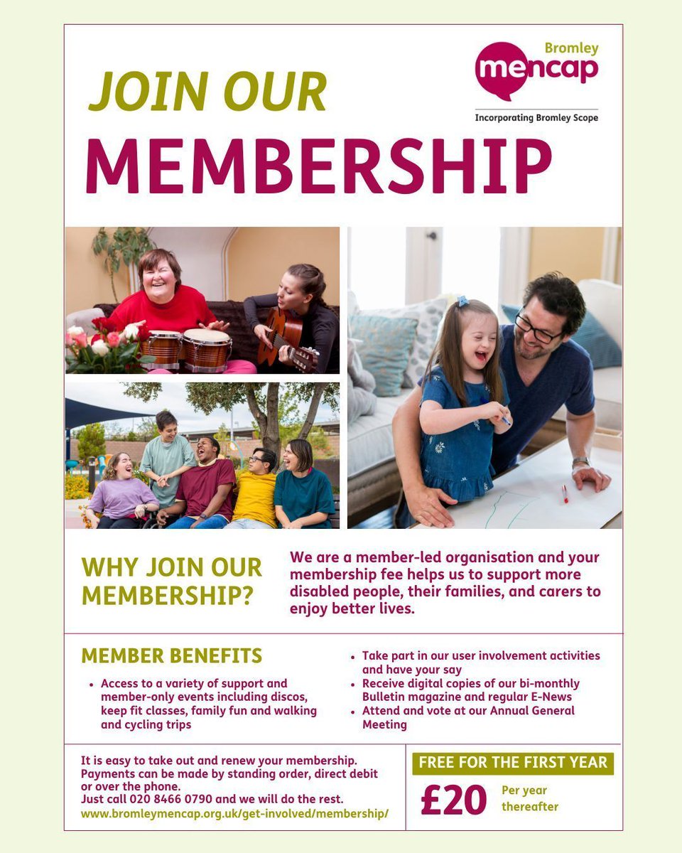 Become a Bromley Mencap member. It's FREE for the first year and £20 per year thereafter. Your membership fee helps us to support more disabled people, their families, and carers to enjoy better lives.