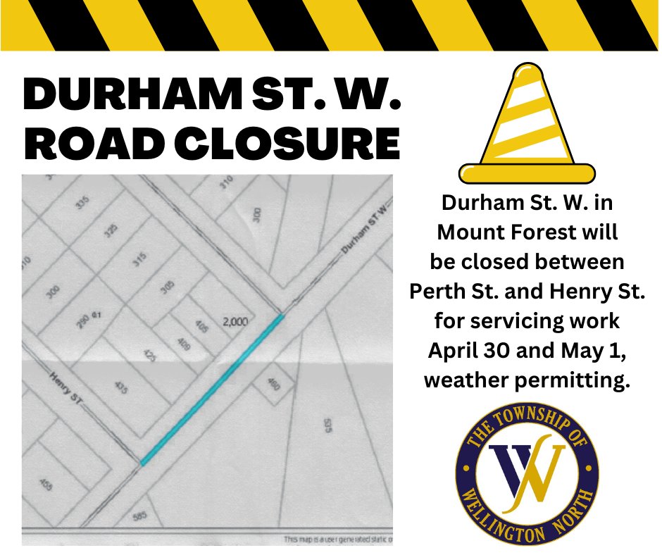 🚧 Heads up, Mount Forest! 🚧 Durham St. W will undergo construction between Perth St. and Henry St. A two-day full road closure starts April 30, 7 am to May 1, 5 pm, weather permitting. Sorry for any inconvenience. #MountForest #RoadConstruction