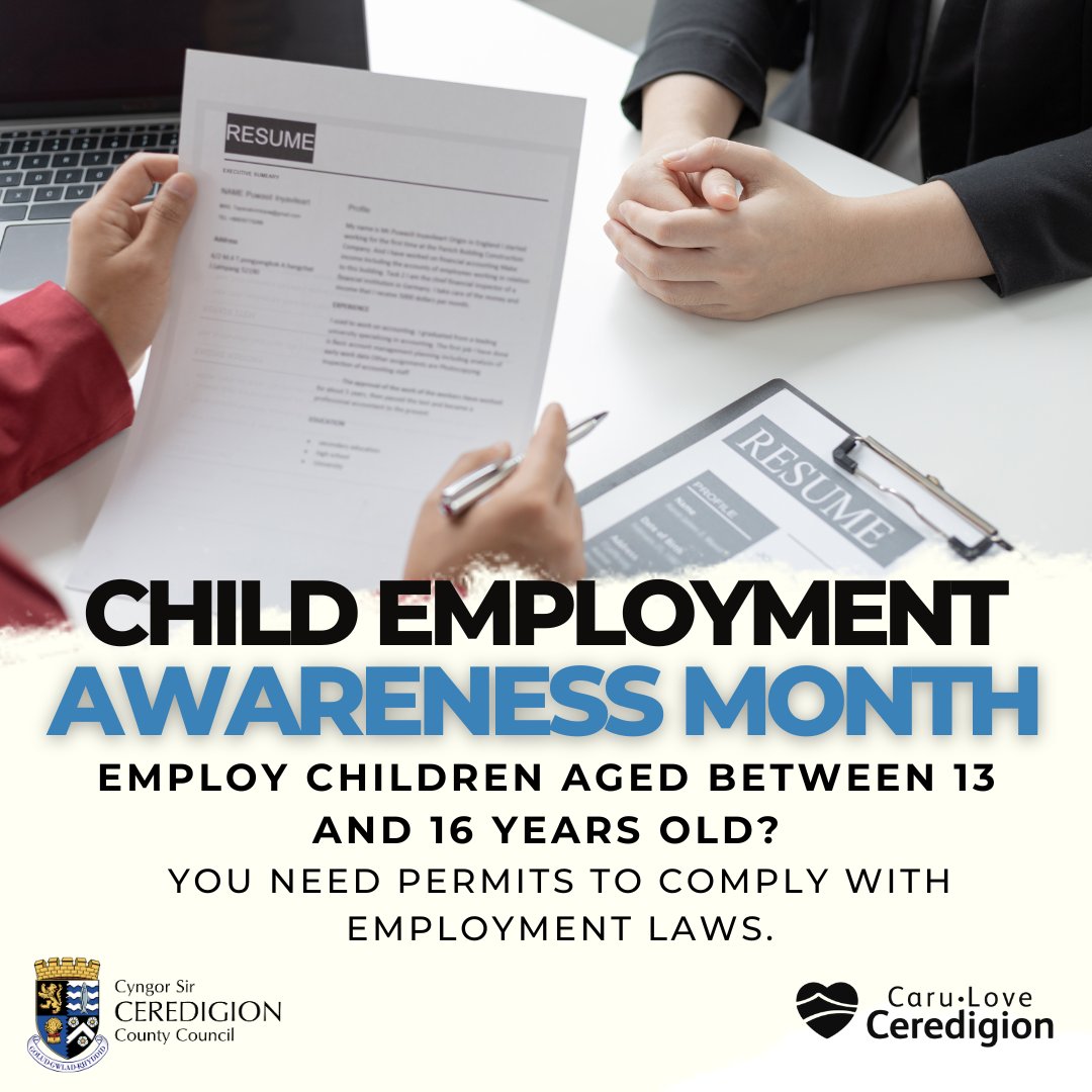 📣 If you employ a child between 13-16 years old, you need a child’s worker permit - that’s the law. You can find the child employment license application form on our website 👇 ceredigion.gov.uk/resident/schoo…