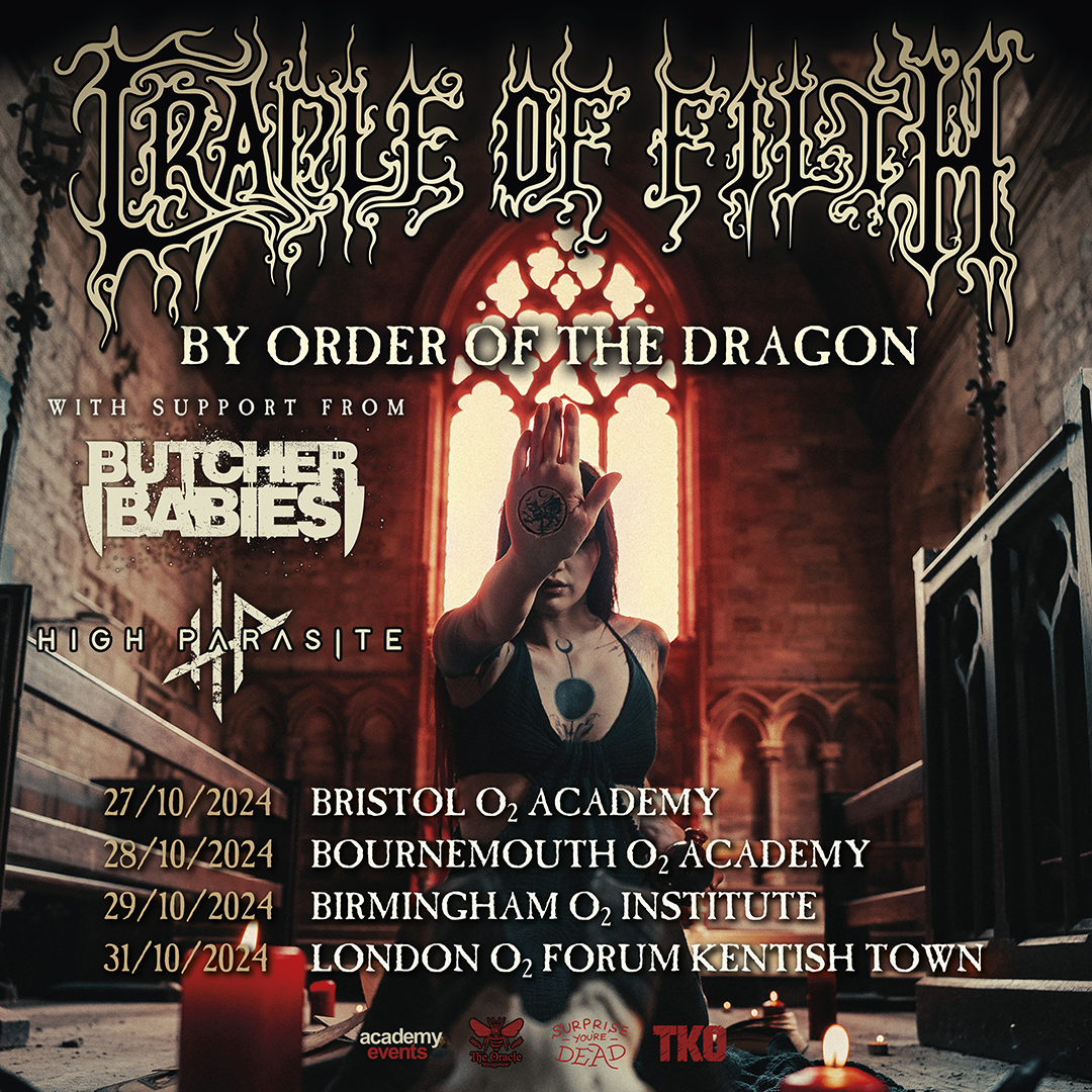 .@CradleofFilth are undisputed giants of the heavy metal realm. With support from @ButcherBabies + High Parasite. 🗓️ Sun 27 Oct @O2AcademyBris 🗓️ Mon 28 Oct @O2AcademyBmouth 🗓️ Tue 29 Oct @O2InstituteBham 🗓️ Thu 31 Oct @O2ForumKTown 🎟️ Find tickets 👉 amg-venues.com/IEYM50Rsh1J