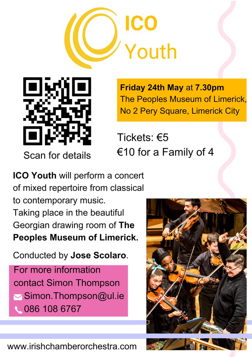 Dr Simon Thompson (@clownnoir) on Twitter photo Here is a lovely gig coming up with ICO Youth and <a href="/LmkCivicTrust/">Limerick Civic Trust</a> in the People's Museum. Friday May 24th at 7.30pm. Tickets only 5 Euros available now via the QR code.
<a href="/ICOrchestra/">Irish Chamber Orchestra</a>
<a href="/LimerickArts/">Limerick : Culture : Arts</a>
@LCETBSchools Here is a lovely gig coming up with ICO Youth and <a href="/LmkCivicTrust/">Limerick Civic Trust</a> in the People's Museum. Friday May 24th at 7.30pm. Tickets only 5 Euros available now via the QR code.
<a href="/ICOrchestra/">Irish Chamber Orchestra</a>
<a href="/LimerickArts/">Limerick : Culture : Arts</a>
@LCETBSchools
