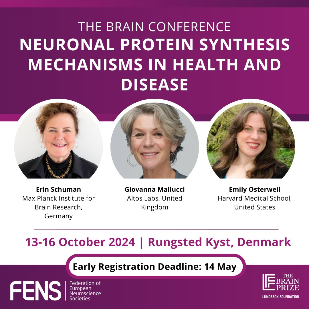 🧠 Get ready for the October #BrainConference! 🧬 Join renowned chairs Drs Erin Schuman, Giovanna Mallucci and Emily Osterweil and delve into neuronal #ProteinSynthesis mechanisms. 📅 Register by 14 May: loom.ly/xdcmHRQ @Lundbeckfonden @BrainPrize @erin_schuman