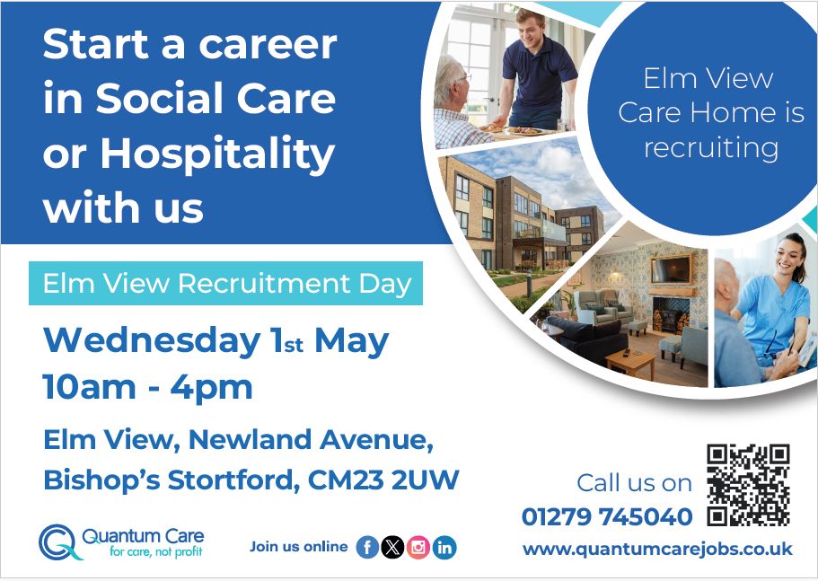 Join us tomorrow from 10am until 4pm at Elm View Care Home for our Recruitment Day! If you're looking for an new career in social care or hospitality, come along and learn about the exciting opportunities Elm View has to offer. #Quantumcare #ElmView #newopportunities