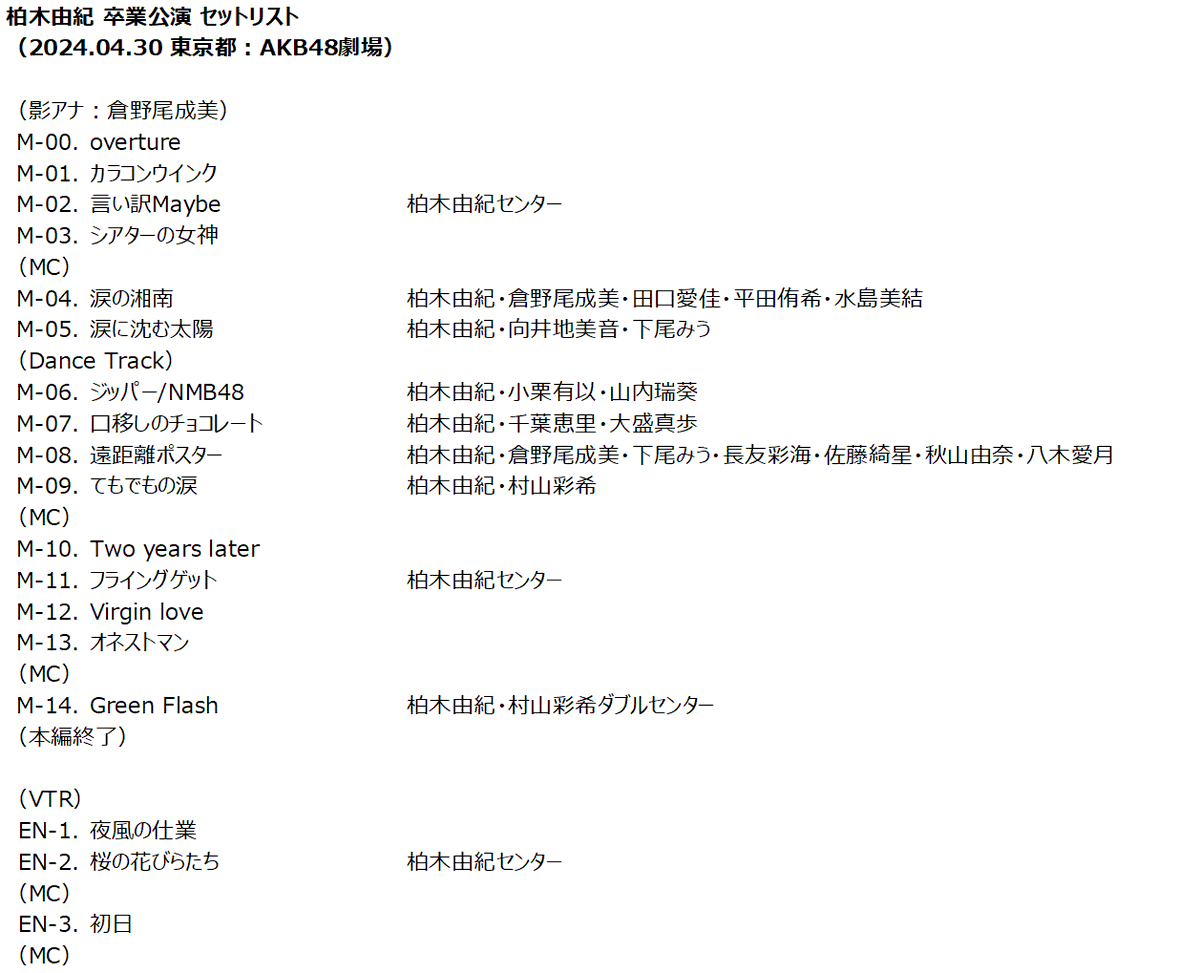 柏木由紀 卒業公演   セットリスト
（2024.04.30   東京都：AKB48劇場）

#AKB48 #柏木由紀 
#柏木由紀卒業公演