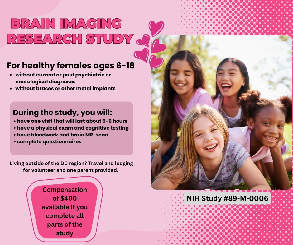 Calling female healthy volunteers (ages 6-18) for a brain imaging study at @NIH. Your involvement deepens our understanding of behavior and mental health in kids and young adults. To enroll contact 866-444-1134, ccopr@nih.gov. Refer to study 89-M-0006. go.nih.gov/3pTIc9m