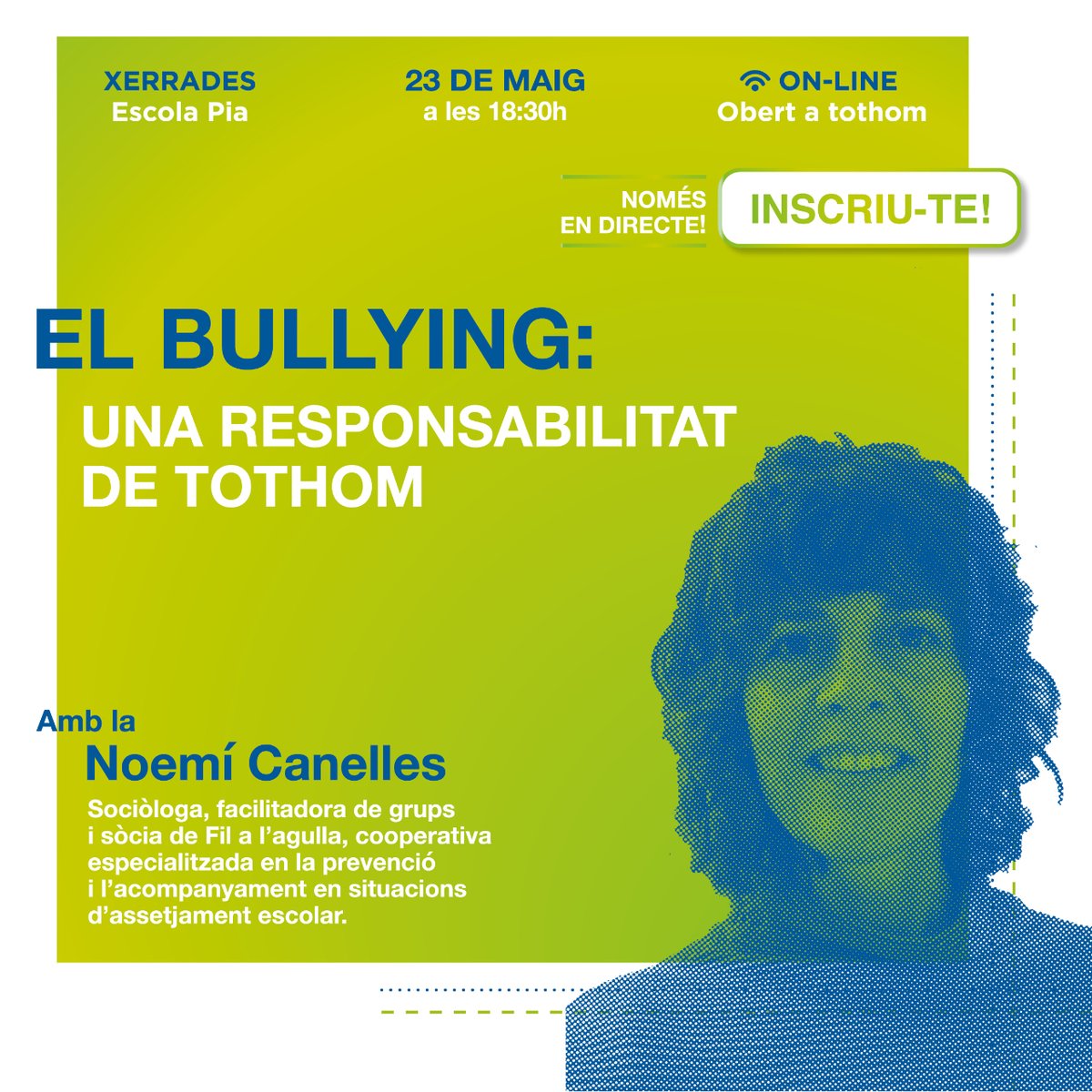 Noemí Canelles ens explicarà què és l’#assetjamentescolar, quin paper hi juguen les persones agressores, les víctimes i les persones que tenen un paper d’observadores o testimonis.  📲 Inscripcions: shorturl.at/dsHI4