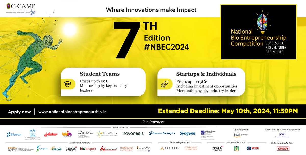 CCAMP_India's tweet photo. 📢 DEADLINE EXTENDED TILL 10 MAY 📢

We are extending the deadline for the National Bio Entrepreneurship Competition 2024 #NBEC2024 applications.

Come showcase your biotech innovation. 
Don't miss this opportunity!

Win up to ₹15 Crore for your idea in any domain of agriculture/environment/health. 

Apply Now: https://t.co/WfVAvnZGII
For queries: brec_events@ccamp.res.in

@Taslimarif @BIRAC_2012 @DBTIndia @kosh_key @followlalla @IIMAVentures @ianetwork @Bioconlimited @anand_bugworks @YourStoryCo
@IndiaBioscience @rajesh_gokhale @WINFoundation3
@AurigeneDiscov @lorealindia @pfizer @IQVIA_global
@novozymes @anthembio @mahycogrow @SyngeneIntl @ankurseeds @kandspartners @LKSattorneys @sangamvc @synapsesvc @socialalphain @EnziaVC @novonesis @bio_angels 
@isbaindia @KotakAlt @MC_InnoHub @AWSstartups
@artilab_blr @followCII @CNBCTV18News @awscloud