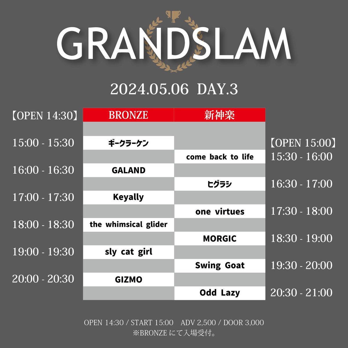 【 出演者追加&タイムテーブル発表！ 】 5/6(月) 新神楽&BRONZE 「 GRANDSLAM 2024 DAY.3 」 OPEN/START 14:30/15:00 ADV/DOOR ￥2500/3000 w/ ギークラーケン Odd Lazy GALAND one virtues come back to life MORGIC Keyally sly cat girl Swing Goat ヒグラシ GIZMO🆕 #GRANDSLAM2024