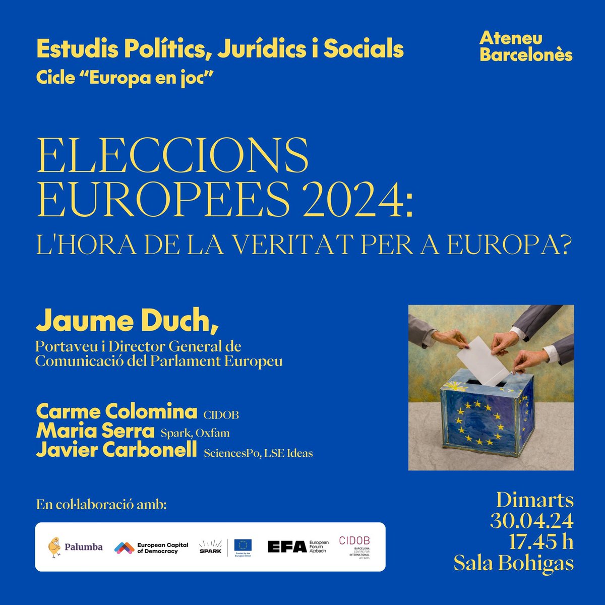 Aquesta tarda a l'@ateneubcn (17.45h)! Conferència de @jduch, DG de Comunicació i portaveu de l'@Europarl_EN Presentació de Palumba, l'app catalana per les eleccions europees 🇪🇺 @polvicor Taula rodona amb @carmecolomina, @Petitameract, @javierccll i Tertúlia jove!