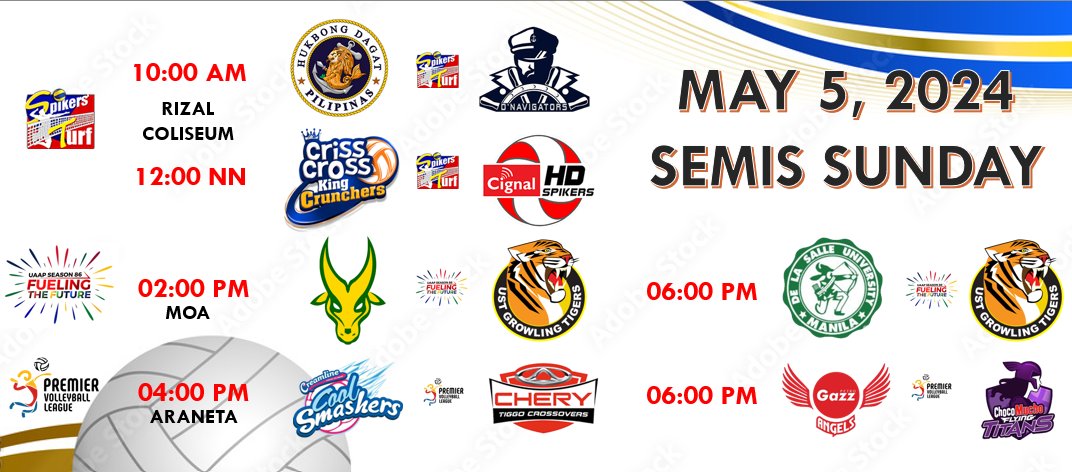 MAY 5, 2024 IS OFFICIALLY A VOLLEYBALL DAY!
THE HEAT IS ON CO’Z IT’S A SEMI’S SUNDAY!
TWELVE STRONG TEAMS, SIX BIG GAMES!
#MarkYourCalendar #bookmarketing 
#SpikersTurf2024 #PVL2024 #UAAPSEASON86
#RizalColiseum #BigDome #MOA