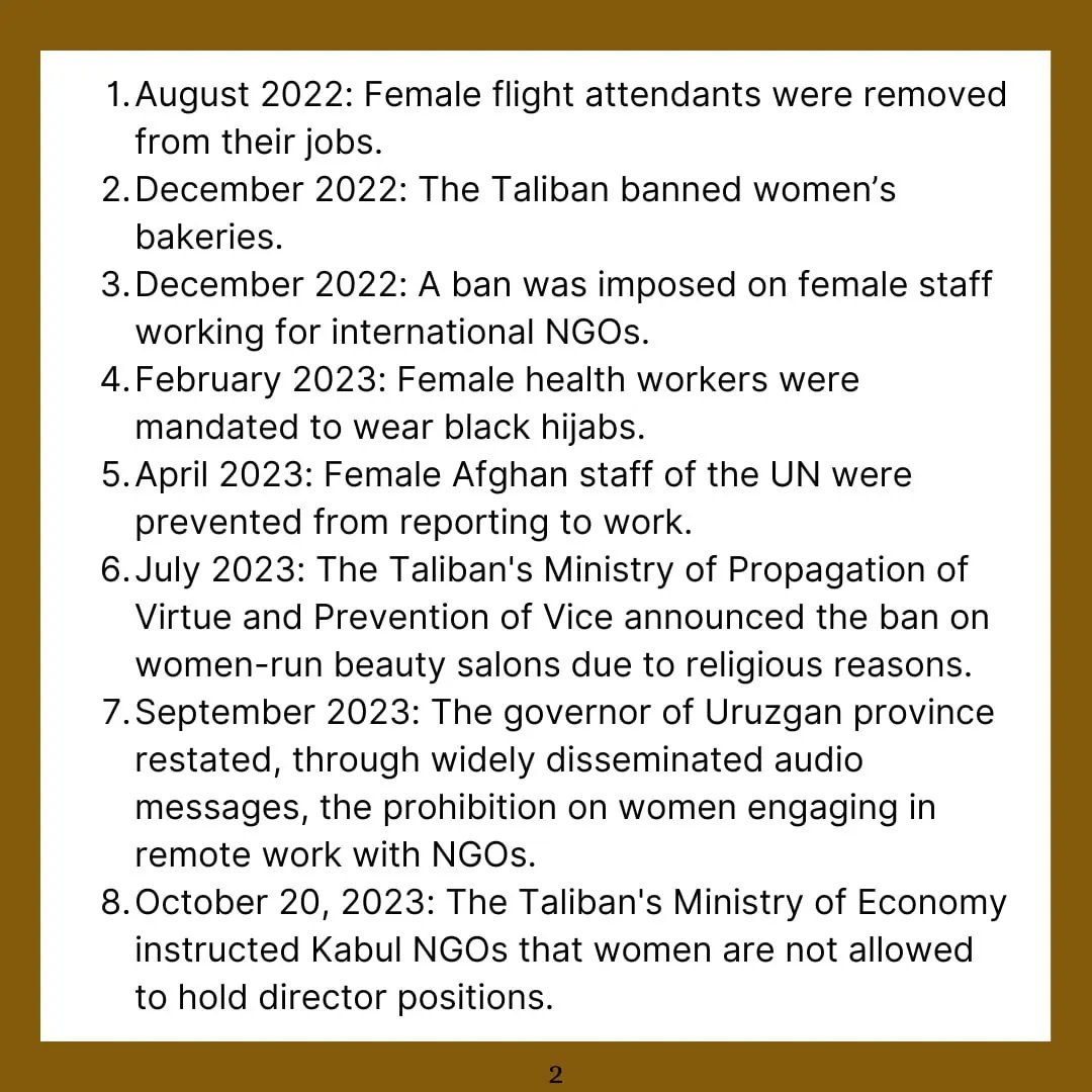 Since their return to power, the #Taliban have issued over 65 edicts targeting women's rights, stripping them of their full spectrum of freedoms. Specifically, the following 12 edicts brutally restrict women's right to work. #MayDay2024 #روز_جهانی_کارگر