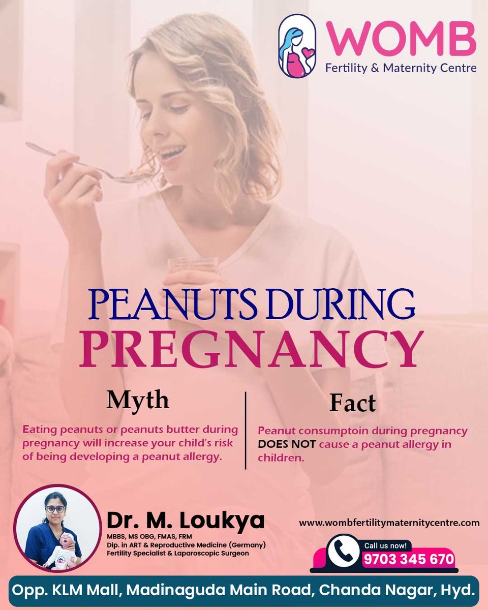 Myth & Fact About Peanuts During Pregnancy
For More Information
Contact : 9703345670

#PregnancyNutrition #wombfertilitycentre #madinaguda #chandanagar #HealthyPregnancy #PeanutAllergy #PregnancyDiet #PregnancyHealth #PeanutSafety #ExpectingMoms 

Visit
wombfertilitymaternitycentre.com