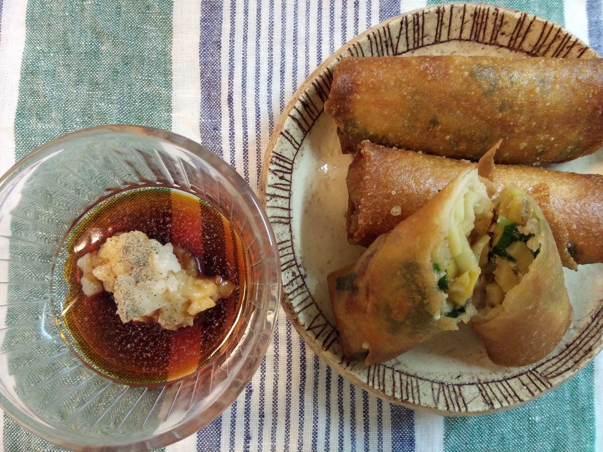 筍のミニ春巻き
with  酢糀胡椒醤油😋