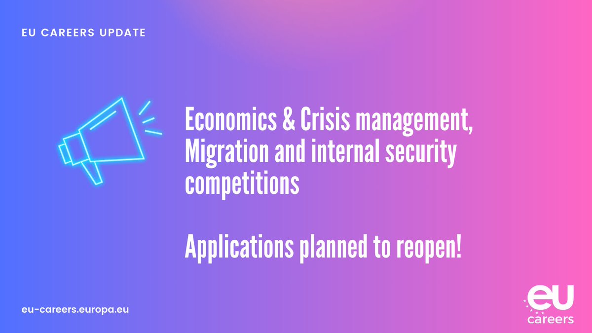 🚨 Important news 🚨 Following the decision to run all selection procedures under a full 24 language regime, EPSO plans to reopen the application period for the Economics and Crisis management, migration and internal security competitions on May 28. 👉 bit.ly/3wvzbMX
