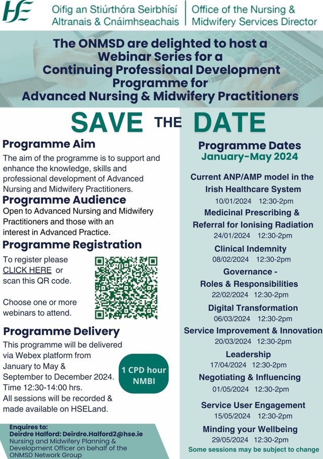 Join us tomorrow for the next CPD Webinar for Advance Nursing and Midwifery Practice: Negotiating and Influencing. Link to register 🔗hse.webex.com/webappng/sites… or QR code below