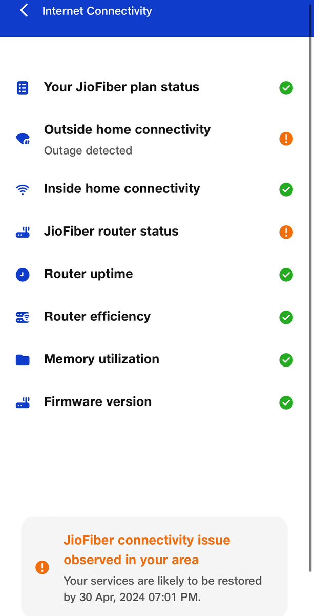 @jagograhakjago @GoI_MeitY @nch1915 @BandBajaateRaho #JioFiber @JioCare #Lies.Attached SMS saying issue resolved. But, when I run the diagnostic from in-app it still shows outage.Internet not restored fully. #Jio #lies #scam #noRefund #NoInternet #Fraud #JioFiber #noCompensation