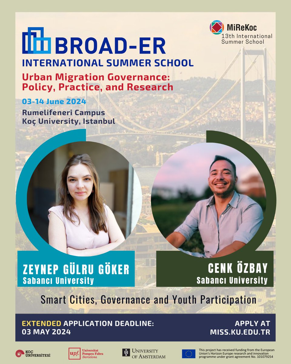 📢 DON’T MISS THE EXTENDED DEADLINE (MAY 3rd)📢 Zeynep Gülru Göker & Cenk Özbay from Sabancı University will be lecturing at BROAD-ER Summer School! Apply now for the chance to learn from their recent TUBITAK project on Smart Cities, Governance, and Youth Participation!