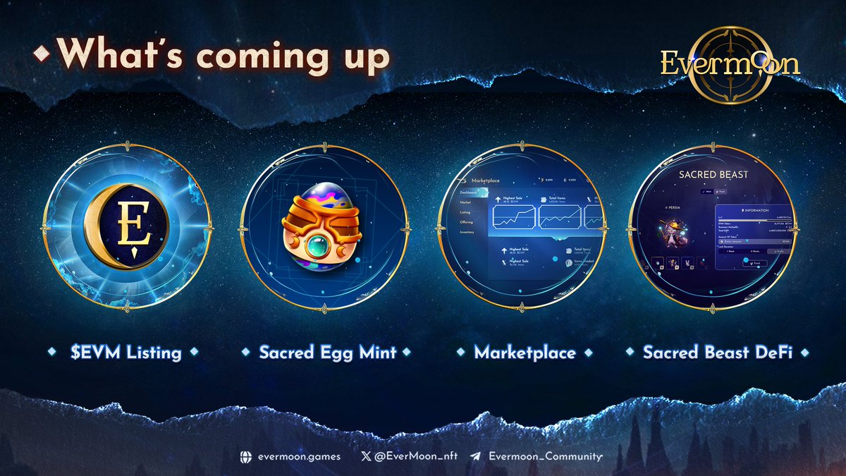 HUGE THINGS ARE COMING TO EVERMOON! 🔥 Are you ready? What's coming: 🚀 $EVM LISTING 🥚 SACRED EGG MINT 💎 MARKETPLACE 💰 SACRED BEAST DEFI This is just the beginning. Stay tuned for even more epic updates and get in on the action! #Evermoon #Web3MOBA