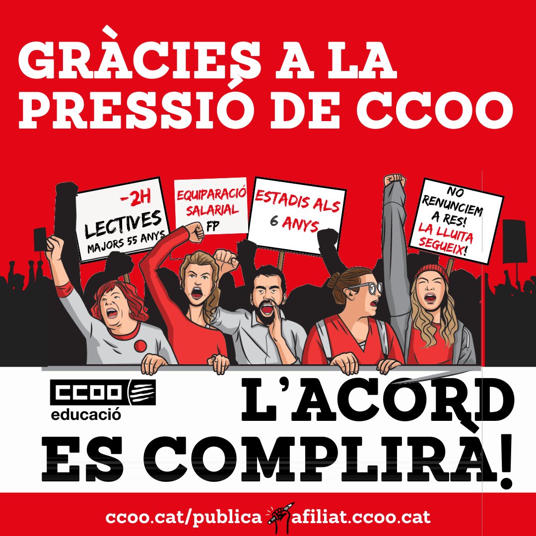 Gràcies a la pressió de CCOO, el Govern acaba d’aprovar l’aplicació de l’acord del 25G 📢Reversió dels estadis a 6 anys 📢Reducció de 2 hores lectives majors de 55 anys 📢Equiparació salarial de tot el personal docent d’FP. 🔗 ccoo.cat/educacio/notic…