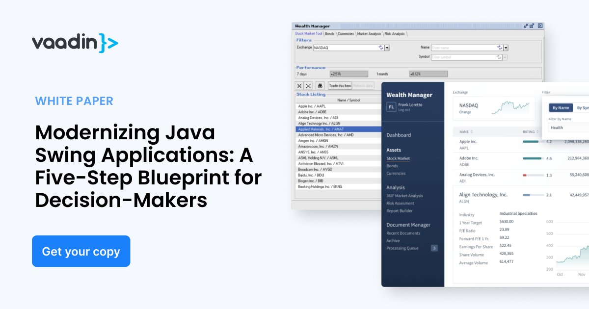 Thinking about web migration for your Java Swing app? #VaadinFlow and our Modernization Toolkit can slash your modernization costs by 60%. Dive deeper into the tech and benefits with our white paper: 🔗 bit.ly/4af9sH7 #DevTools #JavaDevelopers