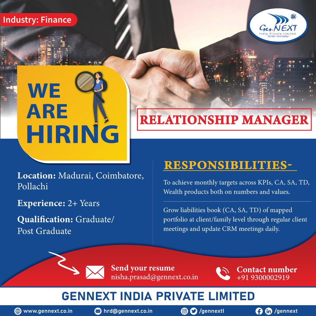 #UrgentHiring 💼📢🎯

Position: Relationship Manager 
Location: Madurai, Coimbatore, Pollachi

#RelationshipManager #graduate #postgraduate #hiringnow #jobsearching #jobsearch #Recruitment2024 #jobvacancy2024 #nowhiring #recruiting #gennextjob #gennexthiring #GenNext #hiring2024