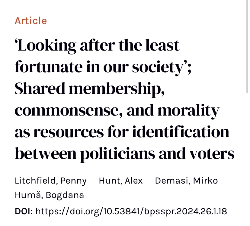 Mega exciting publication news! Myself, @Alex_Hunt1995, @demasi_m & @BogdanaHuma wrote an article in the @socialpsychUK which explores how politicians foster a sense of identification to persuade people to vote for them! #DP #persuasion Happy reading! doi.org/10.53841/bpssp…