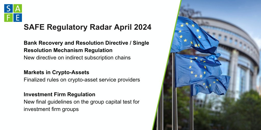 Read in the SAFE Regulatory Radar in April about the new 'daisy chains' directive amending #BRRD and #SRMR, rules on crypto-asset service providers #MiCA, and new guidelines for investment firm groups #IFR. 👉Read more: safe-frankfurt.de/news-latest/sa… #regulation #EconTwitter