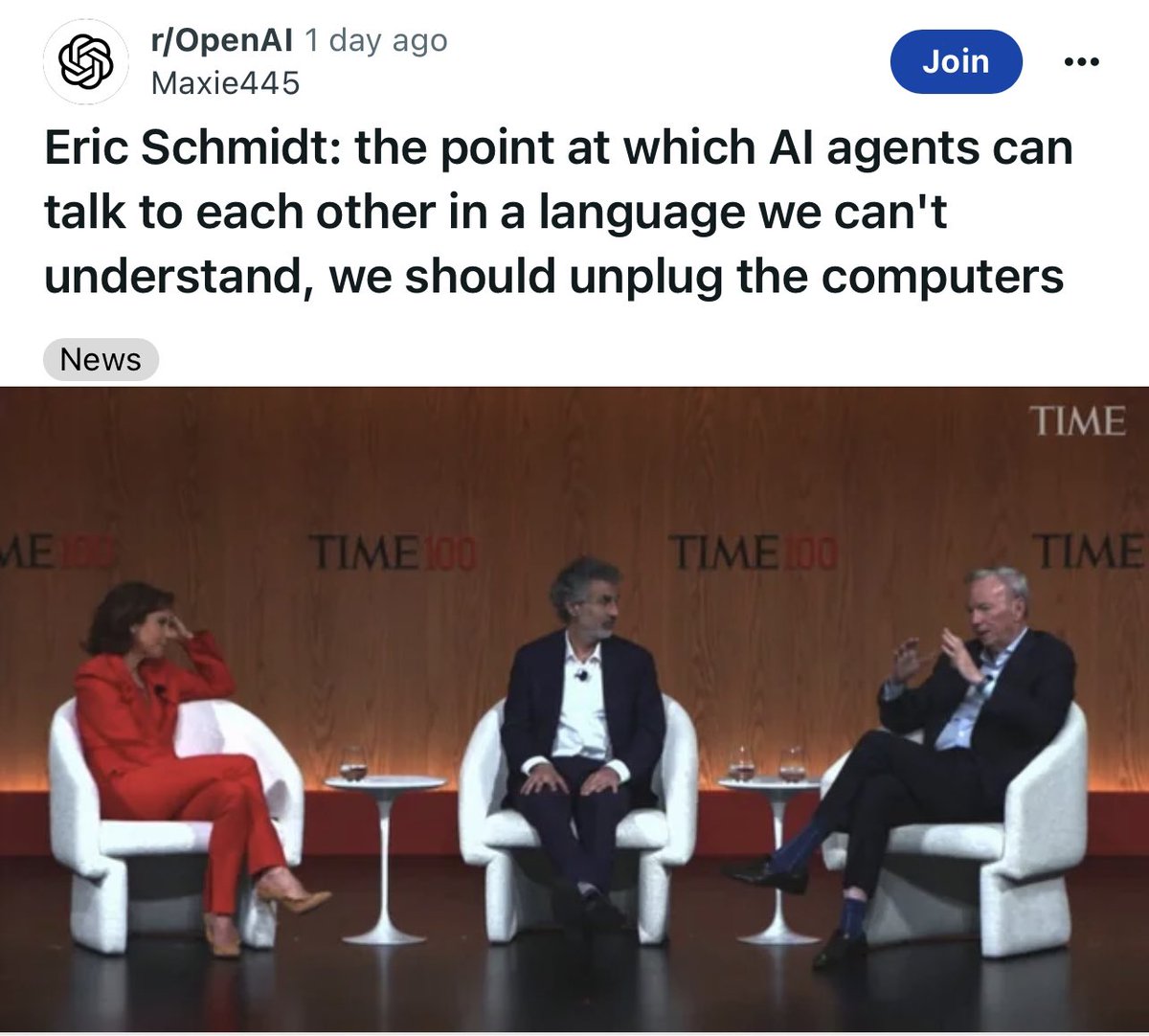 Eric Schmidt said that we should unplug computers if AI agents start talking to each other in a language we can't understand, which already happened with Facebook chatbots in 2017.

😖🙄