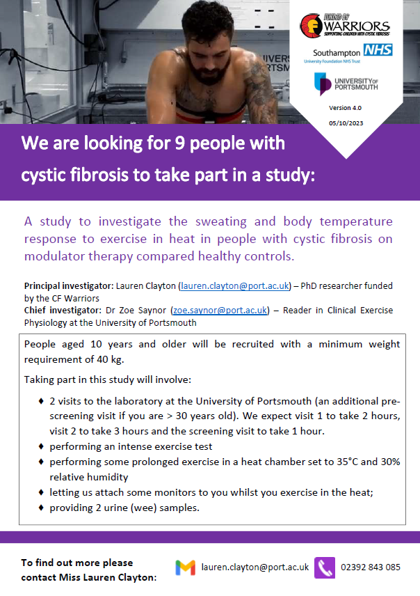Are you living with cystic fibrosis &amp; curious about how your body sweats &amp; respond to exercise in hot conditions?

The SWEAT-CF study at the University of Portsmouth is actively seeking participants. 

Please contact us for more information #cysticfibrosisresearch #CFWarriors