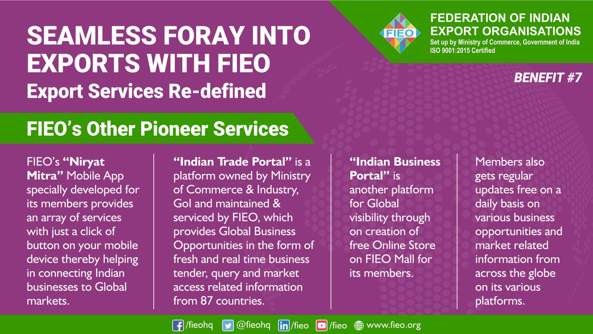 Why to become a FIEO Member❓
BENEFIT #7

➡️FIEO's Other Pioneer Services
a) Niryat Mitra Mobile App
b) Indian Trade Portal
c) Indian Business Portal

To find out more about FIEO membership, arrange a call with our membership team: bit.ly/3ARm3Rt
#ExportServicesRedefined