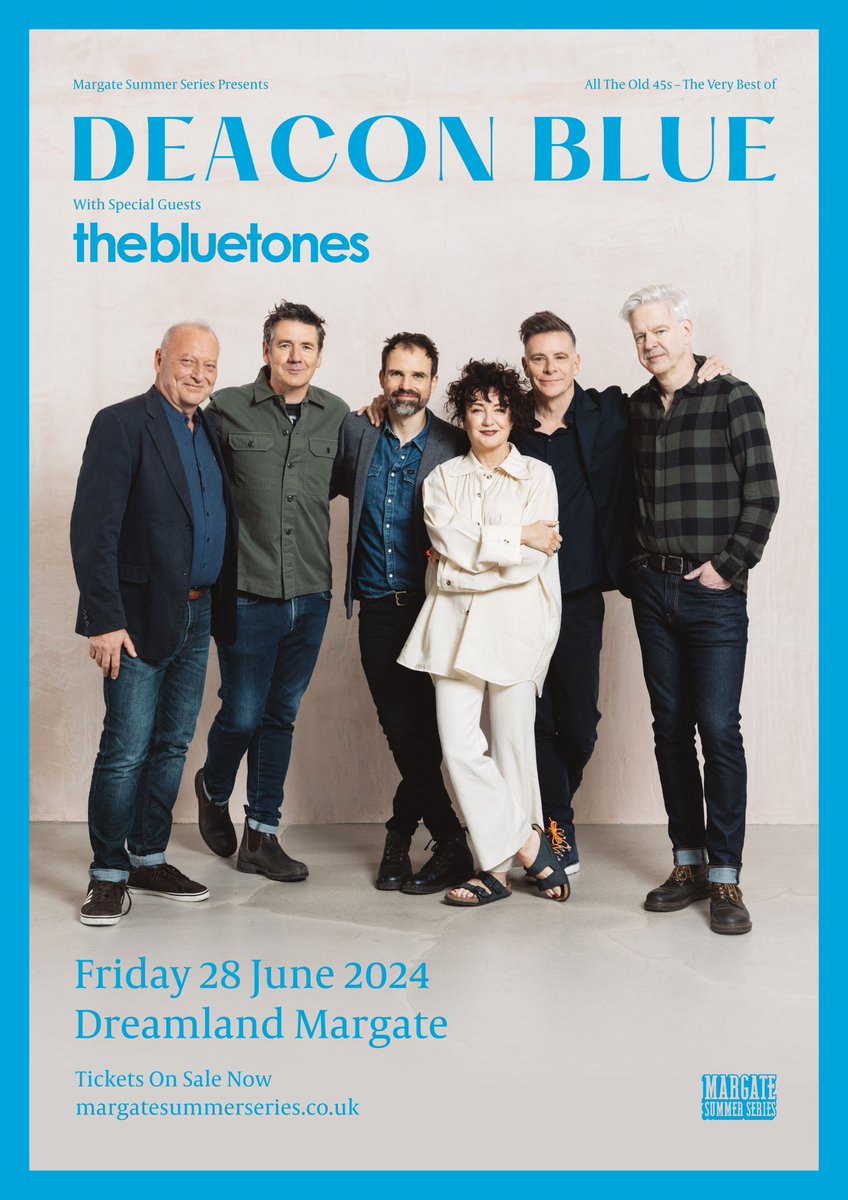 So @TheBluetones will be joining @deaconbluemusic as special guests at @MargateSummerS 28th June! Tickets on sale now! Its gonna be HUGE🔥 ↙ 🎟️ Get your tickets now: DeaconBlue.lnk.to/margateFA #thebluetones #deaconblue #dreamlandmargate #indie