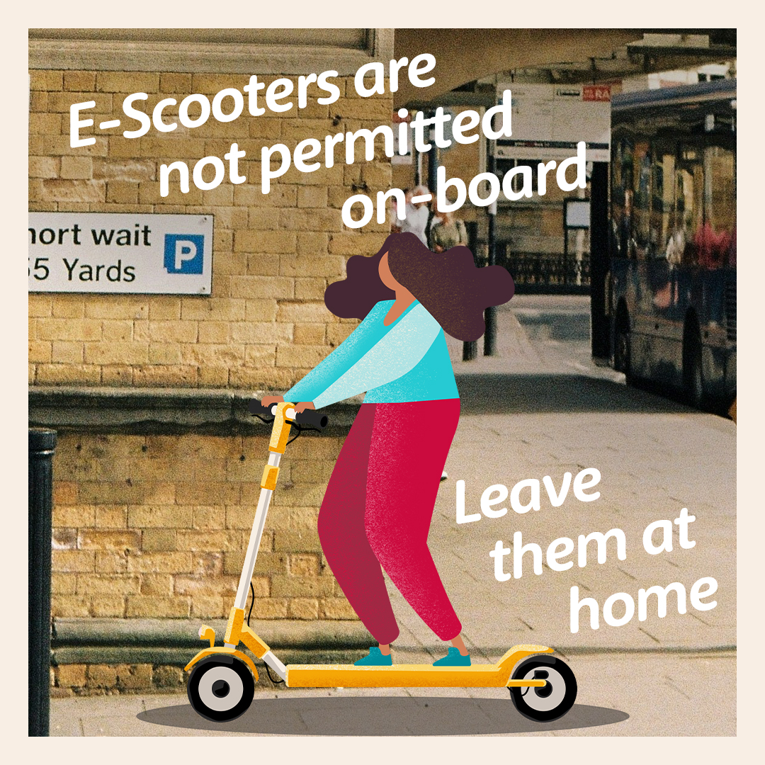 Leave the E-Scooters at home. Due to the fire risk posed by lithium-ion batteries, E-Scooters are not permitted on-board our trains or at stations. ​ Find out more information about E-Scooters here: crosscountrytrains.co.uk/bikes-and-cycl…