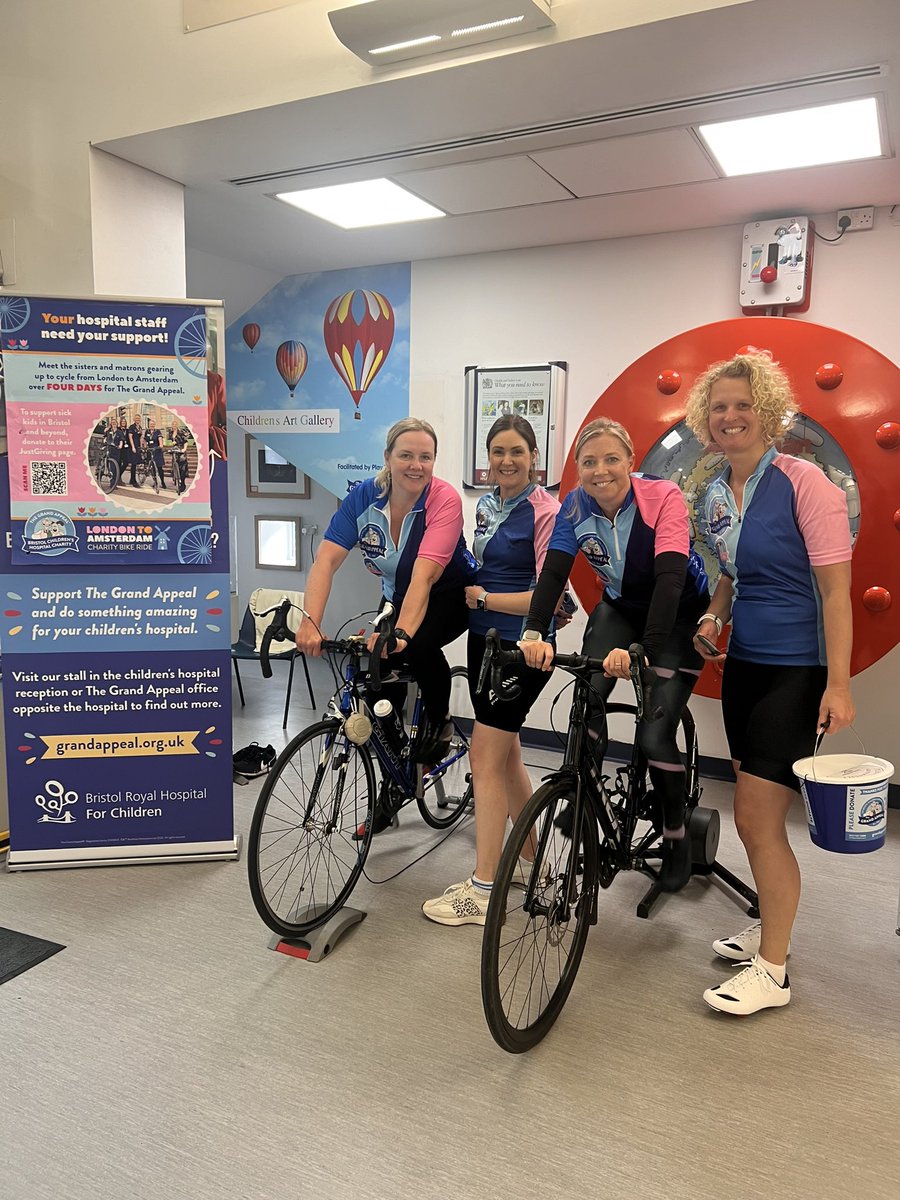 Our lovely Director of Nursing, Matrons and Sisters are raising money for @thegrandappeal in June cycling from London to Amsterdam. 🇬🇧➡️🇳🇱 They are warming up the muscles today by cycling in the BRHC reception area! Please donate if you can! 🚴‍♀️ justgiving.com/page/sarah-liz…