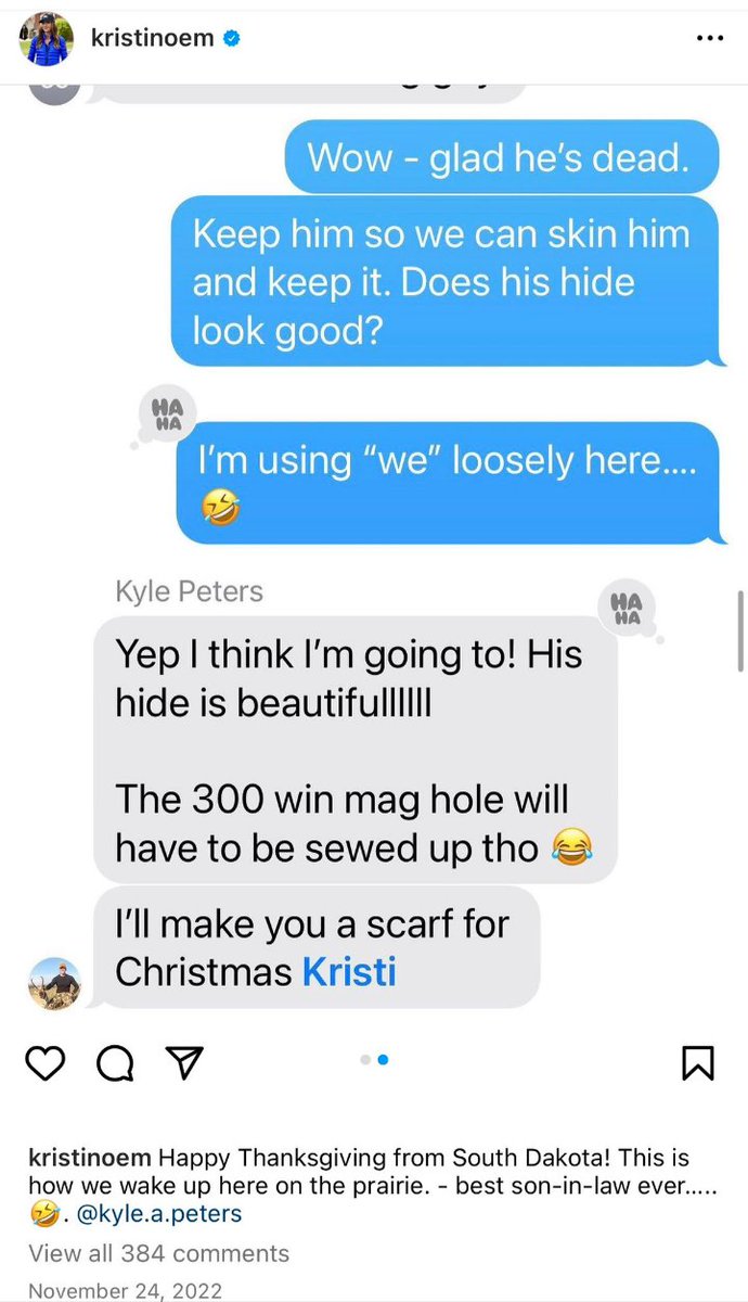 @KristiNoem Hey @KristiNoem did you turn Cricket into a scarf too? @kyle_a_peters comment about the 300 mag hole with '😂laughing emoji' speaks volumes about the depravity in your family.