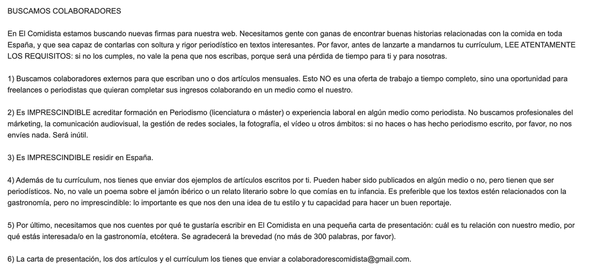 ¡Buscamos colabores para ampliar el equipo de El Comidista! Os dejamos la información aquí abajo: