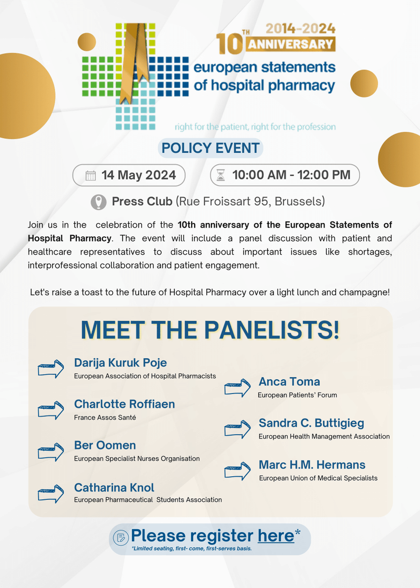 📢Join EHMA President @buttigis on 14 May for a policy event on the 10th Anniversary of the European Statements of Hospital Pharmacists.👇 What topics will be addressed? 💊 shortages 🤝collaboration 🤕#patientengagement Sign up ➡️forms.office.com/Pages/Response…