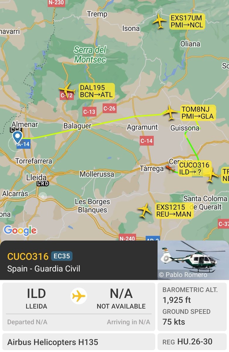 Helicòpters policials actius pel territori avui. L'Helix EC-NSI dels Mossos d'Esquadra ha fet un vol ràpid a l'heliport del Port de Barcelona i també hi ha el CUCO316 de la Guardia Civil per la plana de Lleida #transitaeri #transitaericatalunya