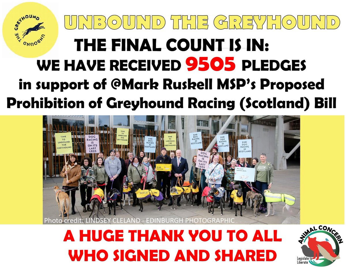 📢 #UnboundTheGreyhound! 
Thank you to all those who have pledged their support for the Proposed Prohibition of Greyhound Racing (Scotland) Bill. The final number is 🥁 9,505!
⏱️✍️🙏 Last chance to respond to @MarkRuskell consultation buff.ly/3WmJUEC