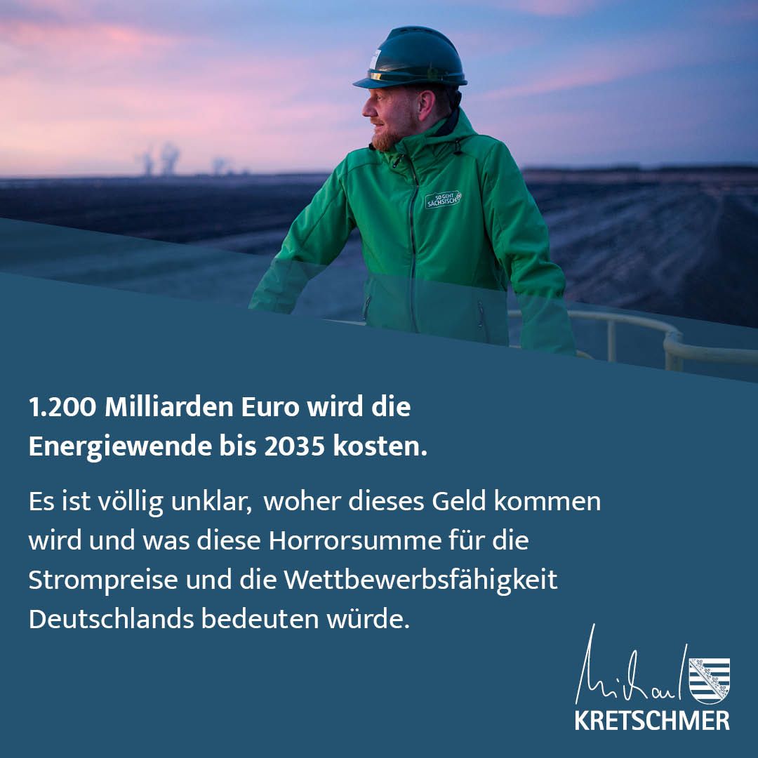 CDU-Ministerpräsident Kretschmer wirft in den Raum, die Energiewende würde bis 2035 1.200 Milliarden kosten & sagt, es sei völlig unklar, das Geld kommt oder was diese 'Horrorsumme' für uns bedeuten.

Wertschöpfung? Senkung der Klimafolgekosten? Günstigere Erneuerbare? Ihm egal.
