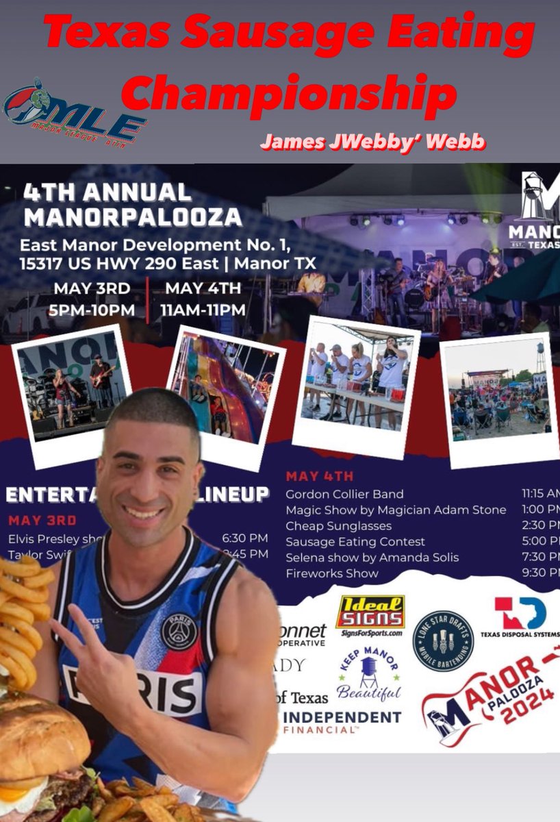 The 2024 MANORPALOOZA Texas Sausage Eating Championship! One of the favorites has to be James Webb! The #1 ranked Australian eater is having an outstanding year coming off a win in the fudge discipline! Does he have what it takes to be your 2024 champion!? Tune in Saturday 5/4