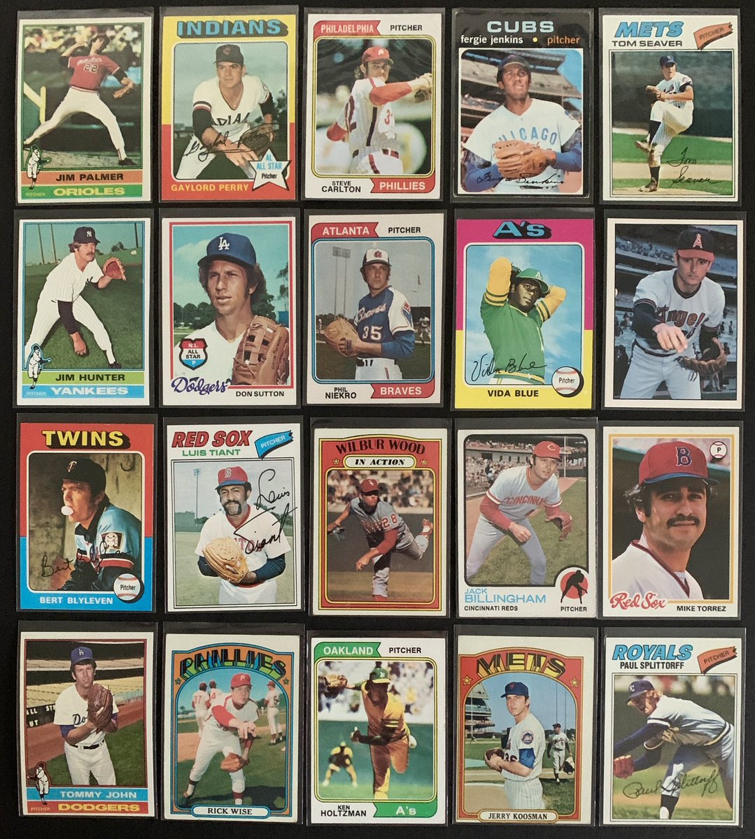 Carpet o’ Cards: Continuing the 1970s theme — pitchers with most wins in the decade. Top 20 from @Jim22Palmer’s 186 to Paul Splittorff’s 123. Palmer had EIGHT 20-win seasons in the 1970s, 175 complete games, 44 shutouts, 2.58 ERA, 1,559 Ks. Via @Stathead.