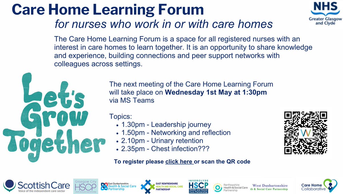 📢One day to go! Learning event for nurses with an interest in #carehomes. Hosted by @renhscp @rashilee @Justacarehomeg1 @j_mugwanya @KarenJarvis23 Leadership Journey, urinary retention and explore chest infections and respiratory issues. Join here 👇 nhsggc.scot/your-health/ca…