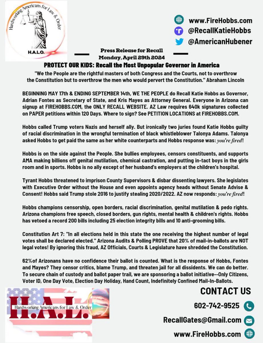 💥 💥 💥 UNITED WE STAND. 🇺🇸 🇺🇸 🇺🇸 💥 PRESS RELEASE The Official Recall of Katie Hobbs BEGINS MAY 17th! @BehizyTweets 💥 Repost to BREAK THE INTERNET! 🌵 Arizonans signup FireHobbs.com 🌵 🔥 Only Arizonans can sign but non-AZ can donate at FireHobbs.com/donations